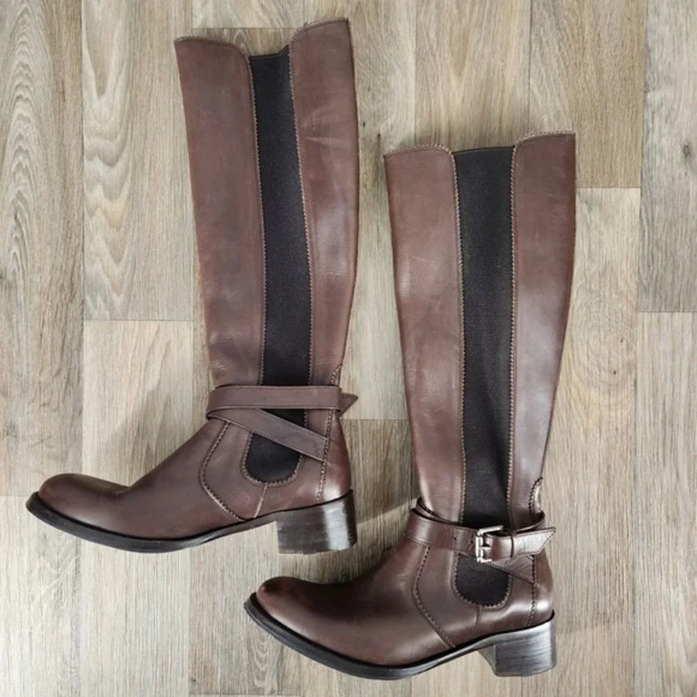 Heschung Brown Leather Riding‎ Boots Tall Buckle Womens 7 Made in France